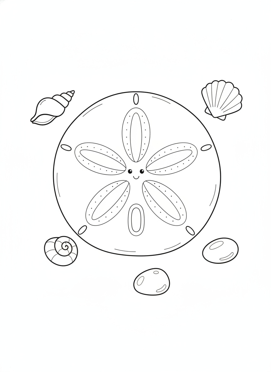 Cute Sand Dollar & Seashells Kids Coloring Page