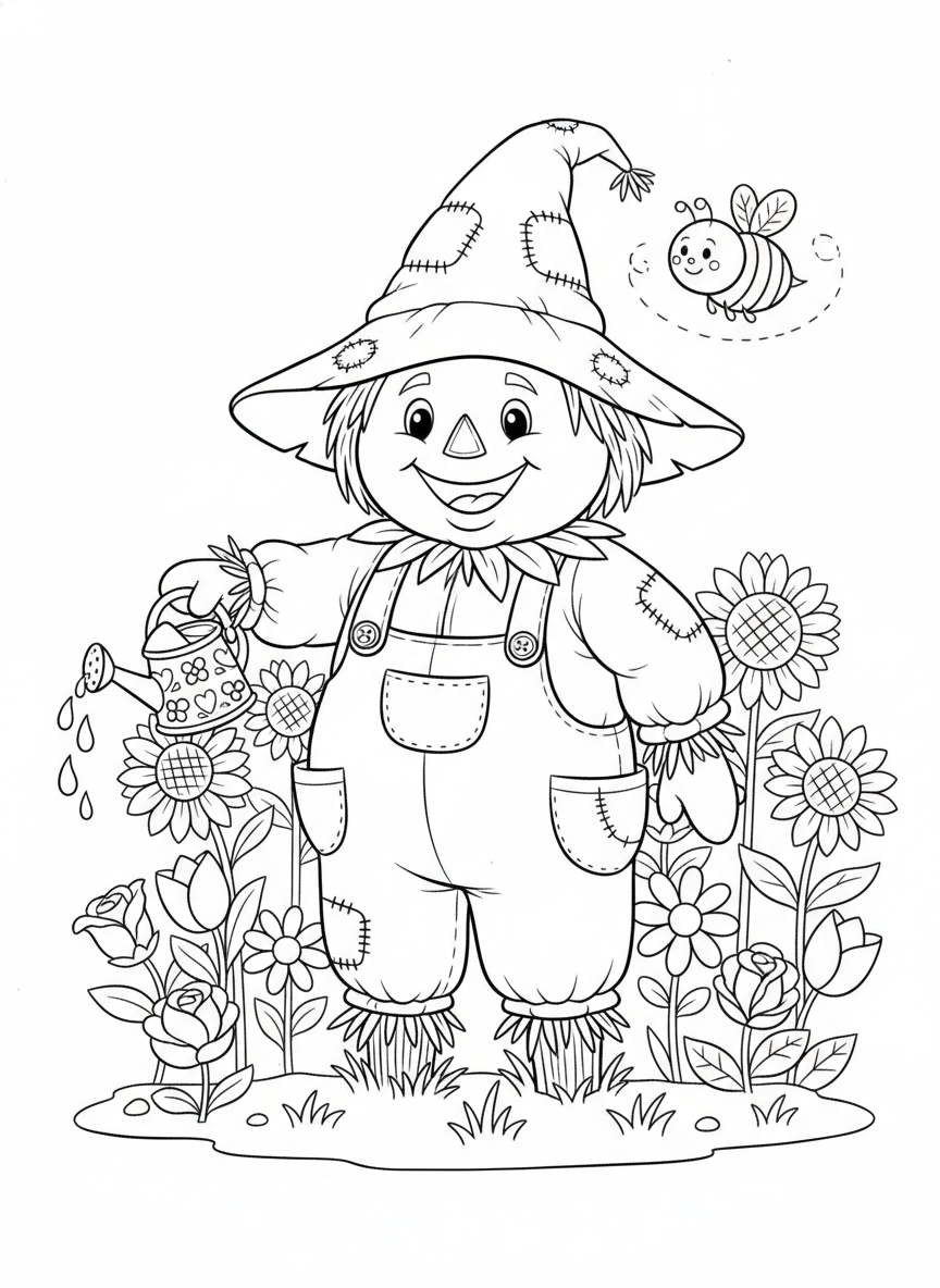 Cute Scarecrow in Flower Garden Coloring Page