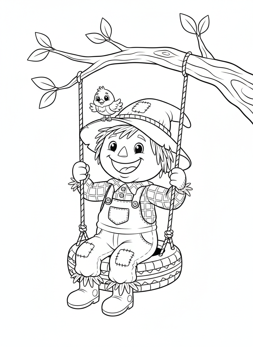 Cute Scarecrow on Tire Swing Coloring Page
