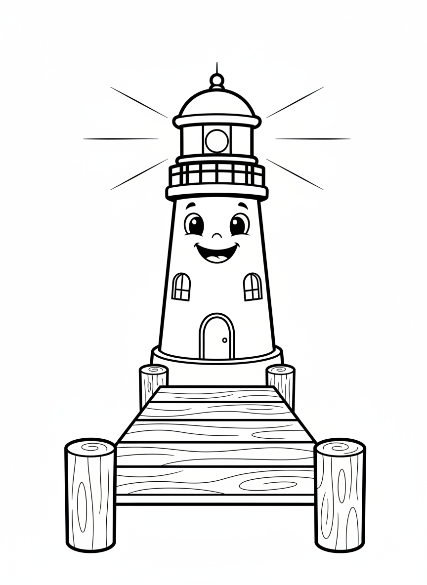 Cute Smiling Lighthouse Coloring Page for Kids