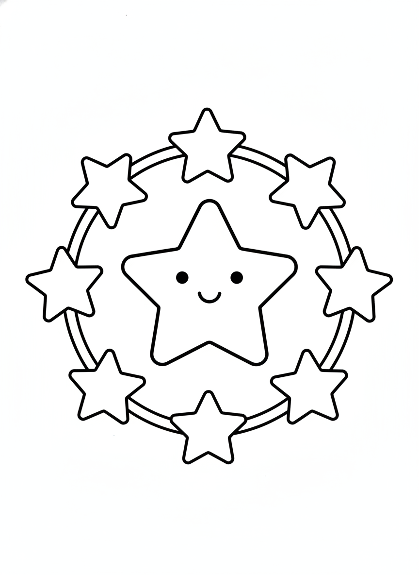 Cute Smiling Star Coloring Page with Bold Wreath