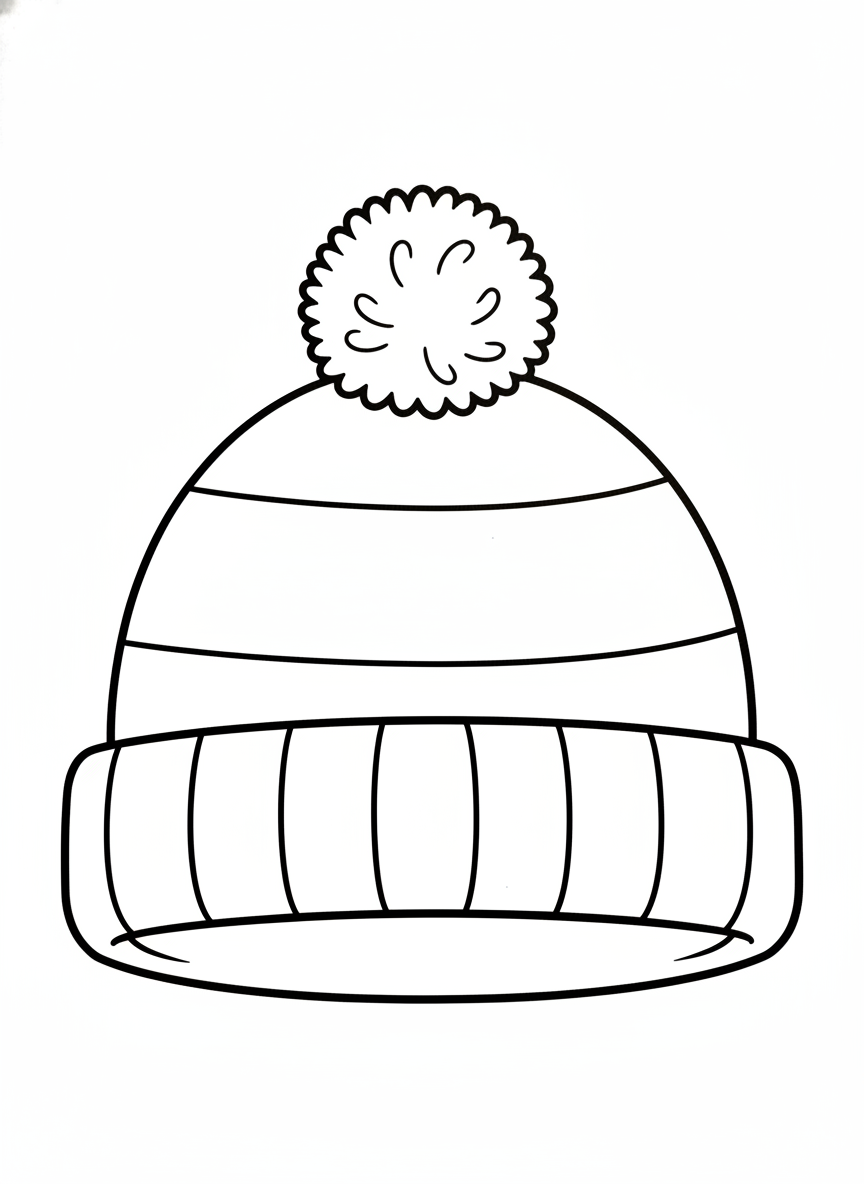 Cute Striped Knit Hat with Pom-Pom Coloring Page for Kids