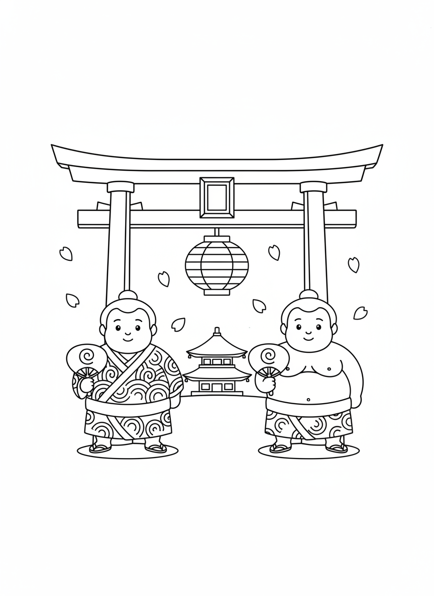 Cute Sumo Guards at Japanese Temple Gate Coloring Page