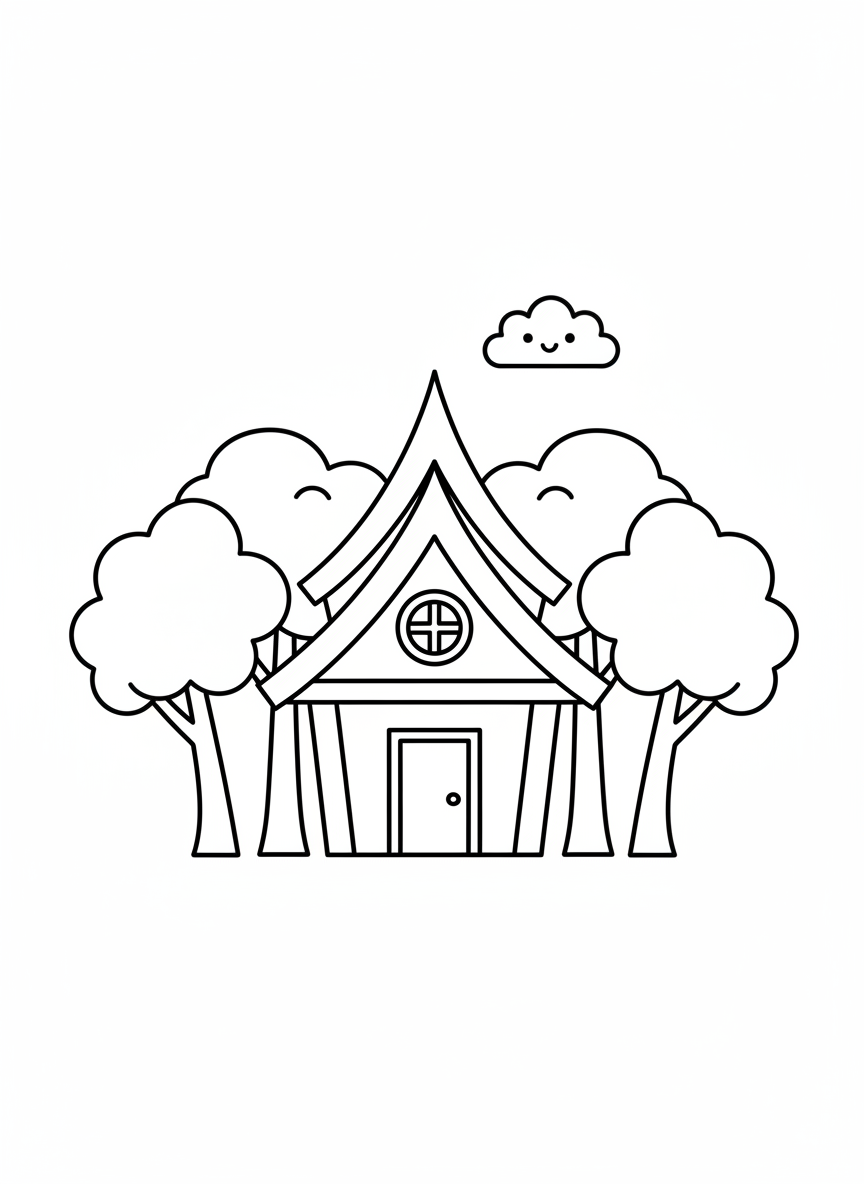 Cute Temple & Friendly Trees Coloring Page