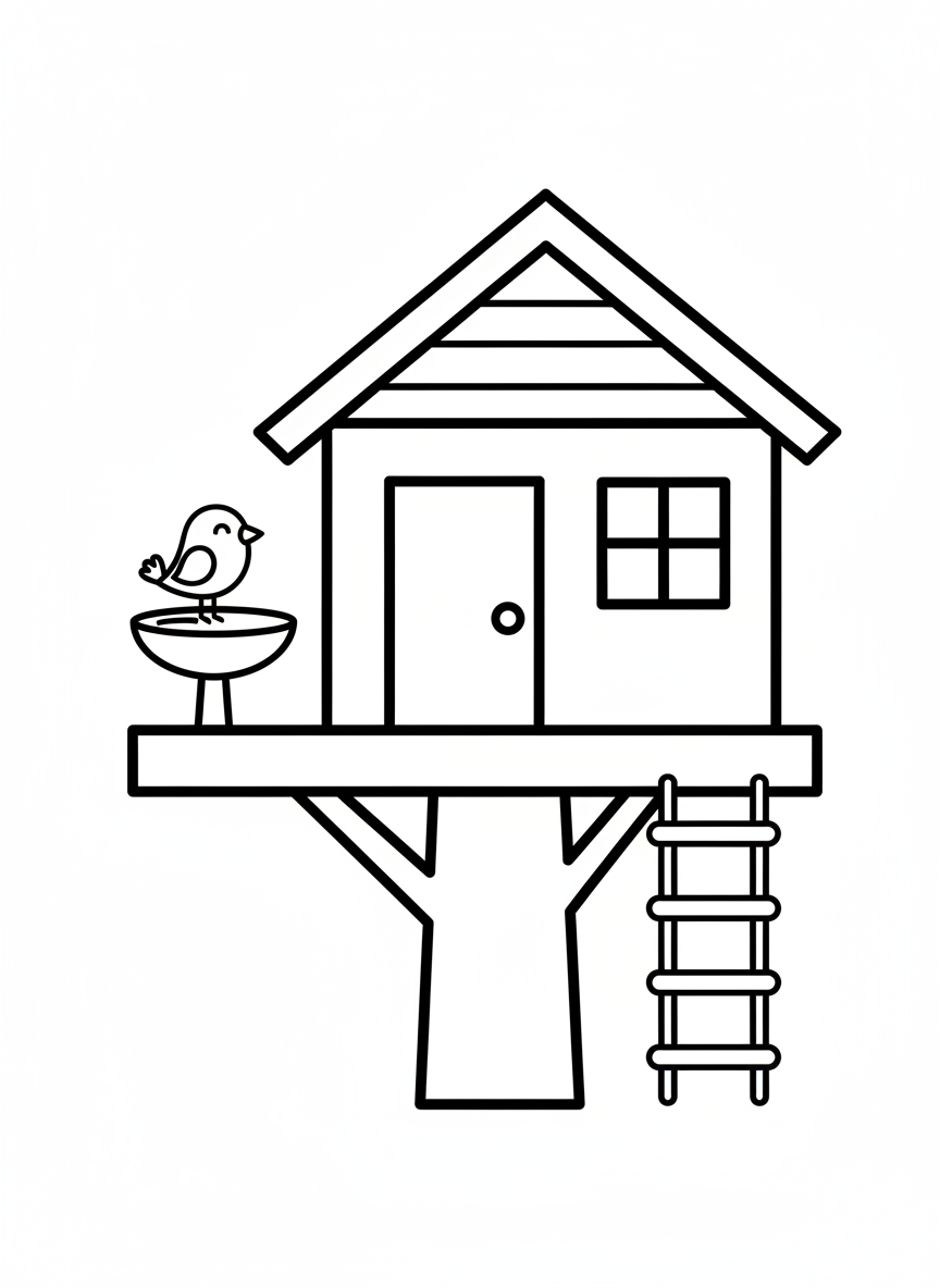 Cute Treehouse & Bird Bath Coloring Page