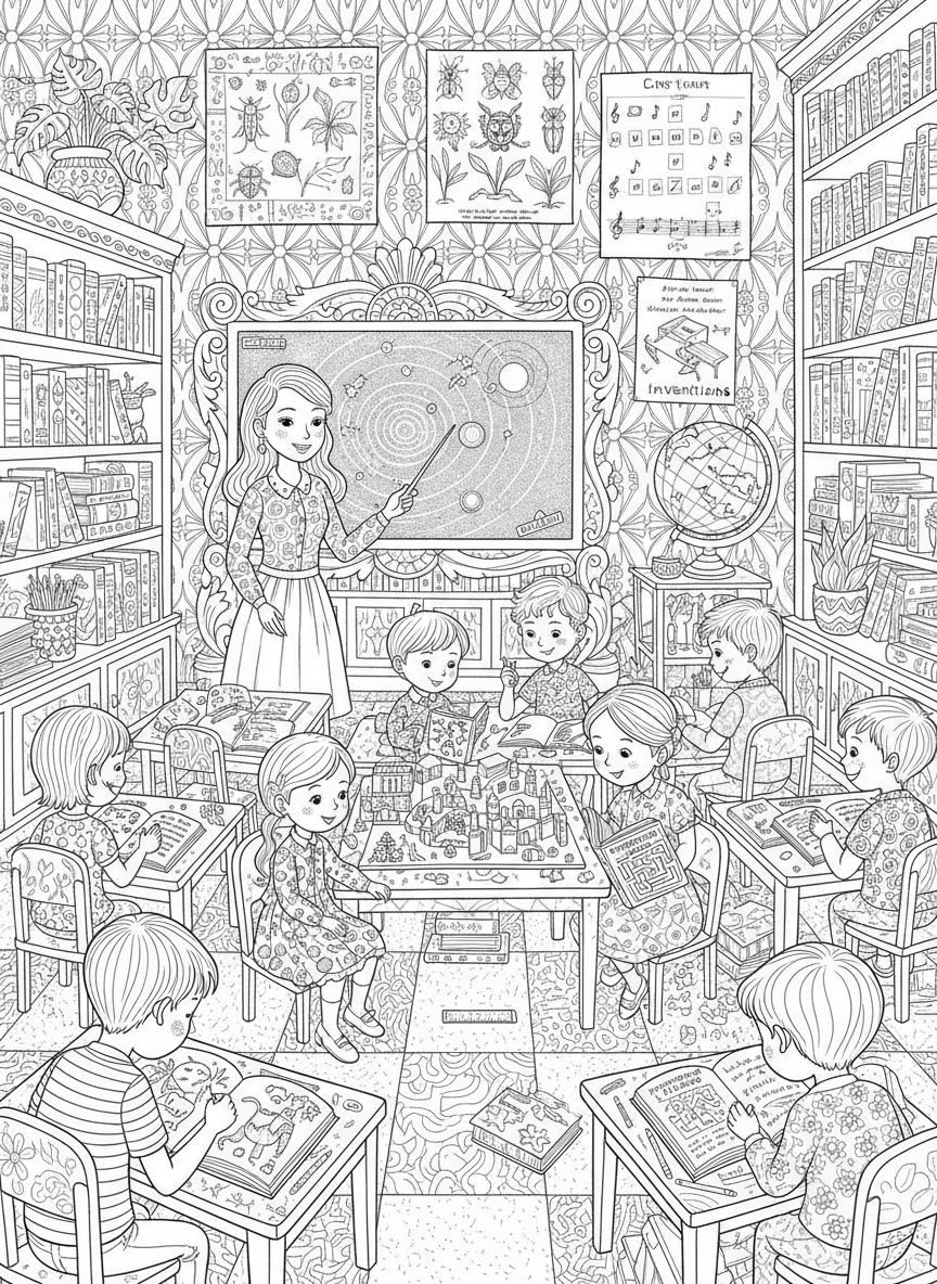 Detailed Classroom Scene Coloring Page: Learn and Discover