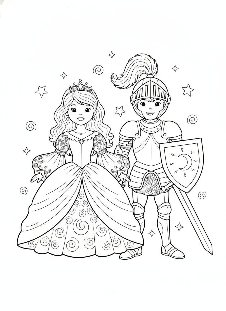 Enchanting Princess and Brave Knight Coloring Page