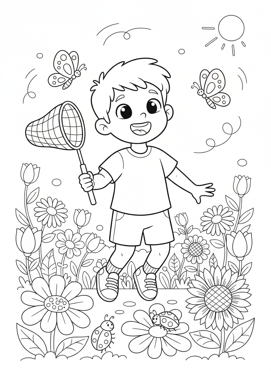 Excited Boy Catching Butterflies in a Sunny Garden