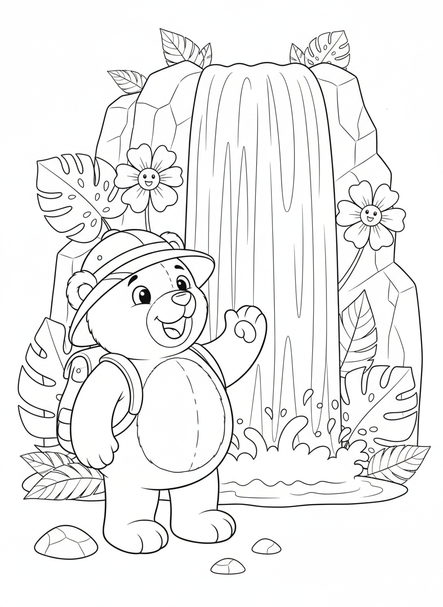 Explorer Teddy Bear Discovers Jungle Waterfall Coloring Page