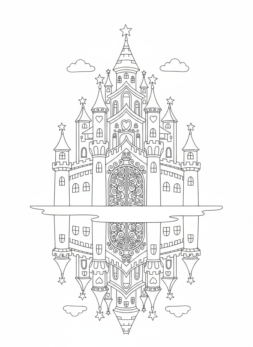 Fantastical Castle Reflecting in Water Coloring Page