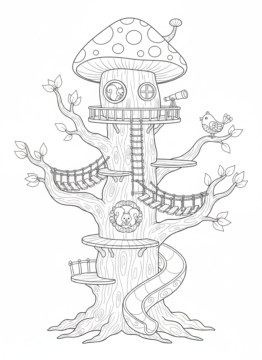 Fantastical Treehouse Adventure Coloring Page