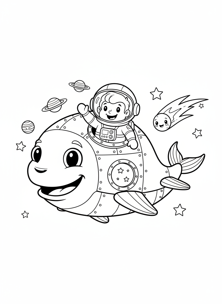 Friendly Astronaut in Whale Spaceship Coloring Page