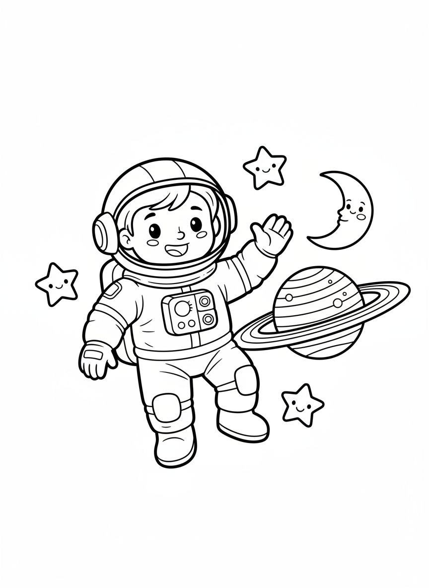 Friendly Astronaut & Ringed Planet Coloring Page