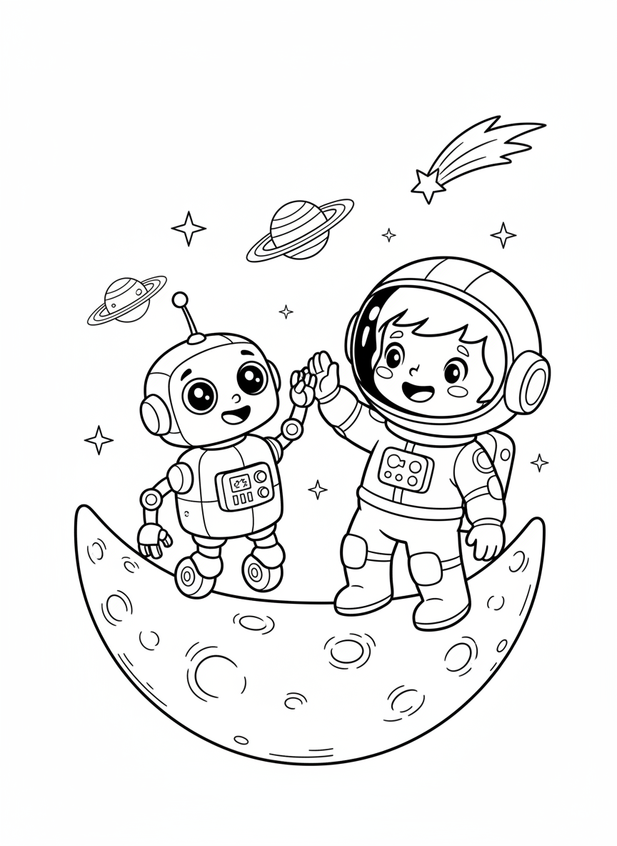 Friendly Astronaut & Robot High-Five in Space