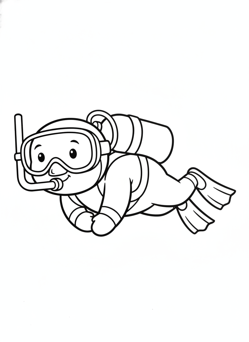 Friendly Chubby Cartoon Scuba Diver Coloring Page for Kids