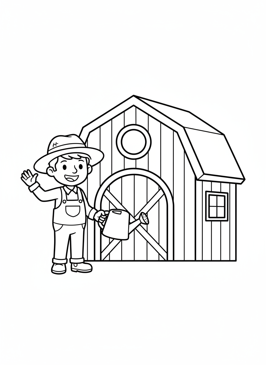 Friendly Farmer and Barn Coloring Page for Kids