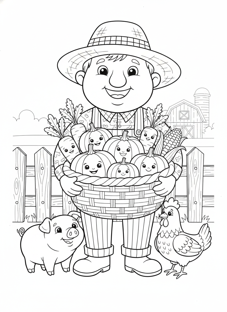 Friendly Farmer & Farm Animals Coloring Page for Kids