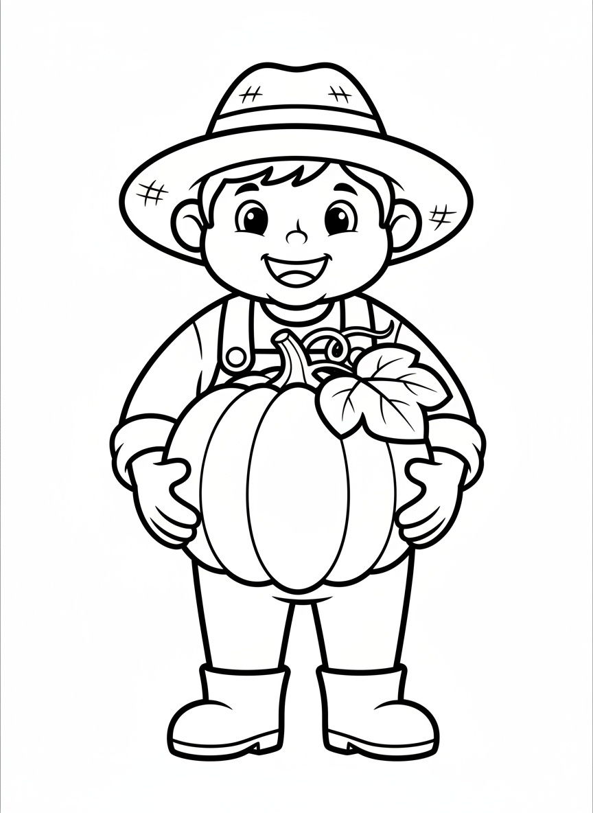 Friendly Farmer with Pumpkin Coloring Page for Kids