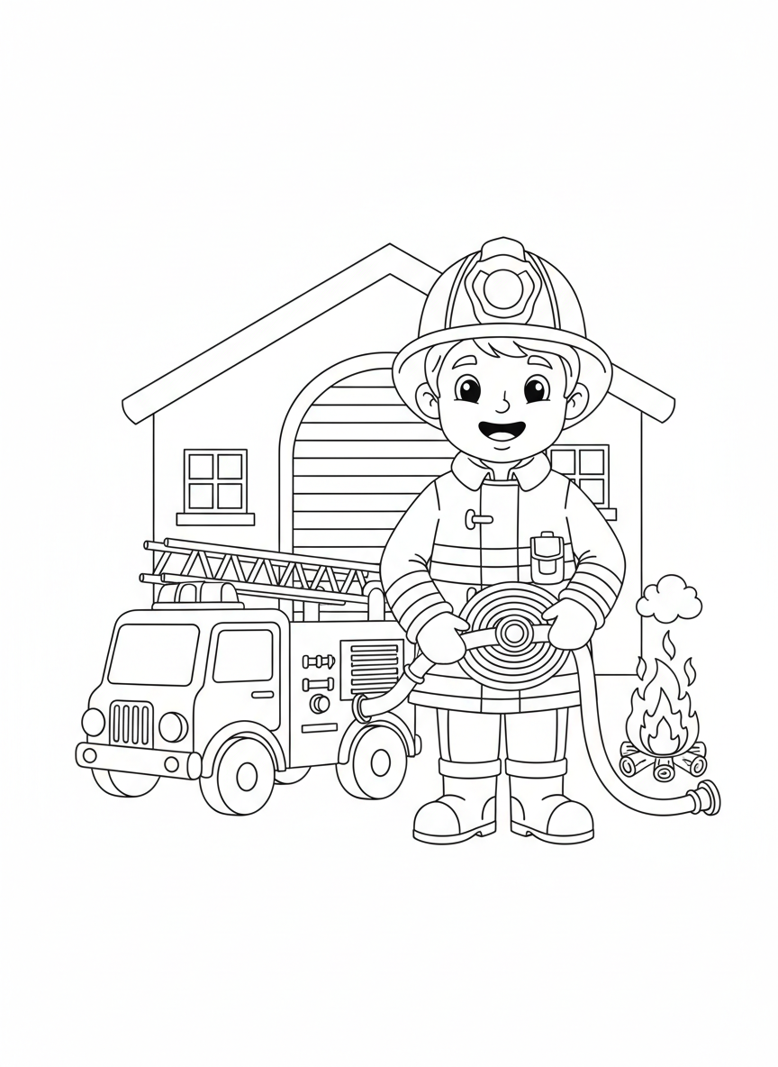 Friendly Firefighter & Fire Truck Coloring Page