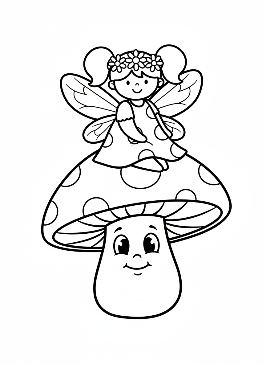 Friendly Flower Fairy on a Mushroom Coloring Page