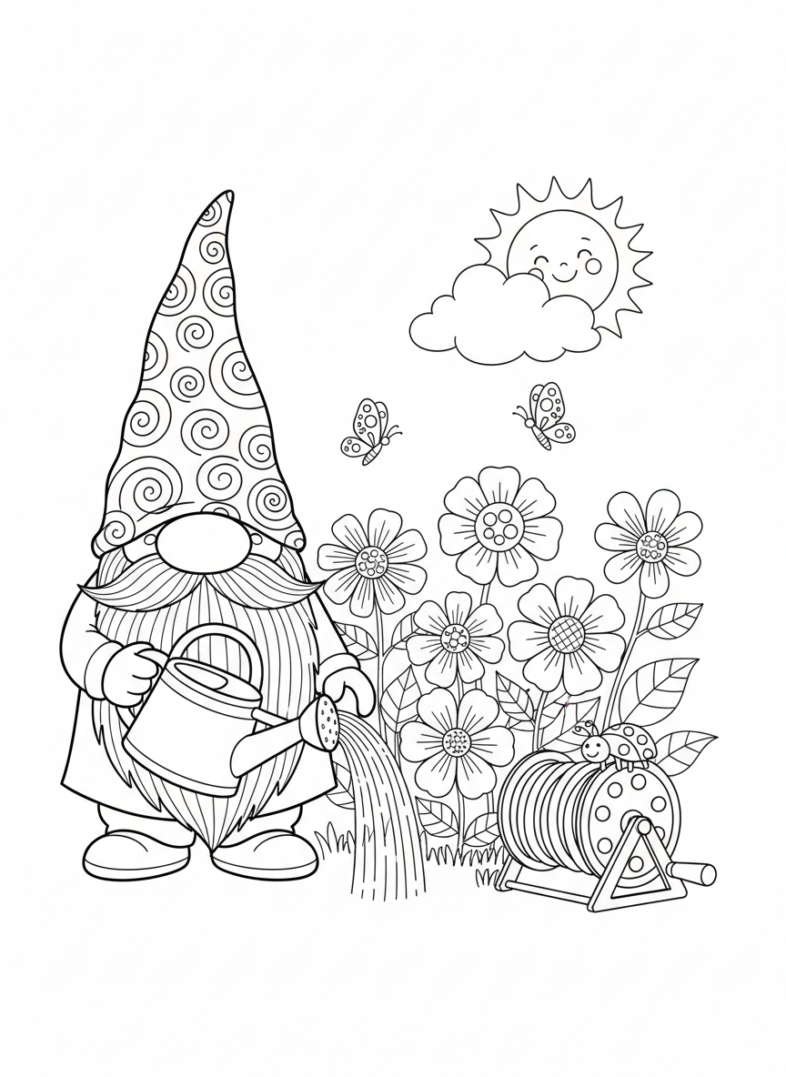 Friendly Gnome Watering Garden Flowers Coloring Page