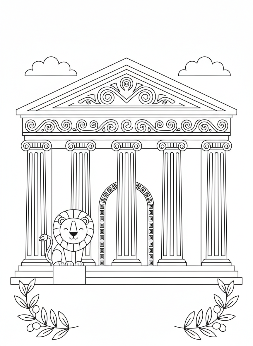 Friendly Greek Temple Coloring Page