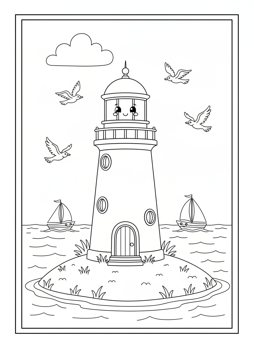 Friendly Lighthouse Coloring Page for Kids