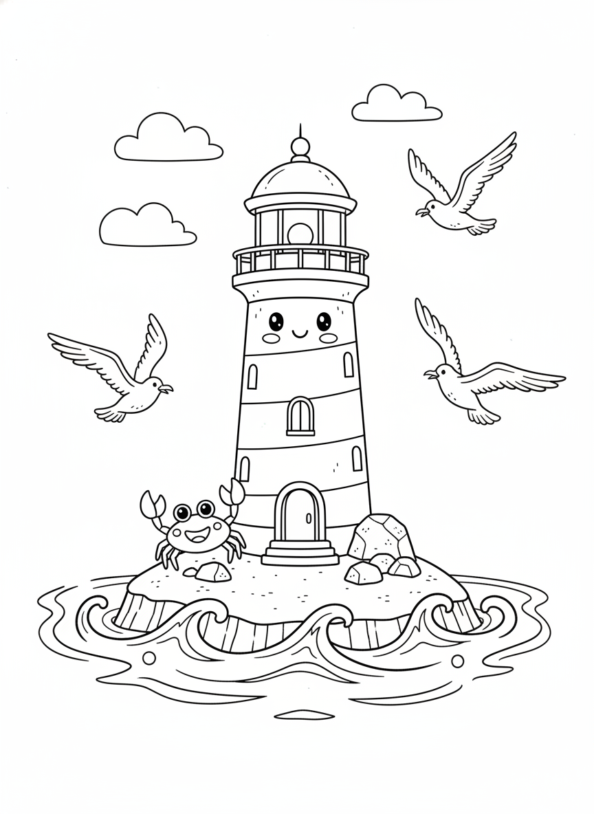 Friendly Lighthouse Island Coloring Page for Kids