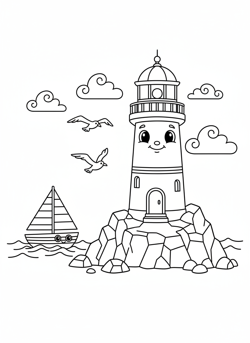 Friendly Lighthouse & Sailboat Coloring Page for Kids