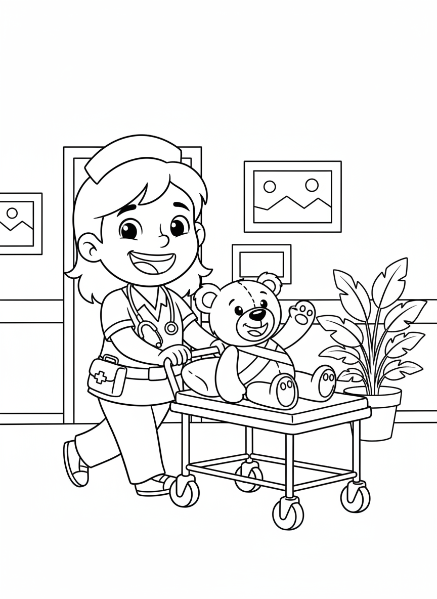 Friendly Nurse & Teddy Bear Adventure Coloring Page