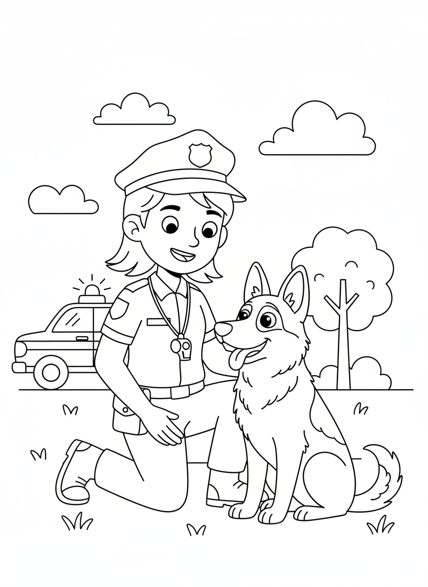 Friendly Police Dog & Handler Coloring Page