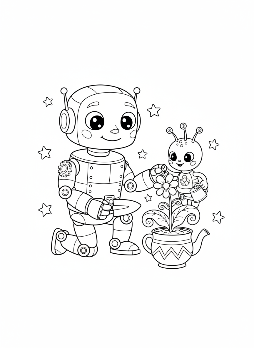 Friendly Robot & Alien Planting Fun Coloring Page