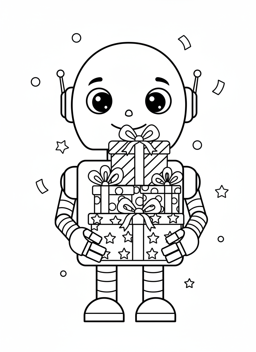 Friendly Robot with Birthday Presents Coloring Page