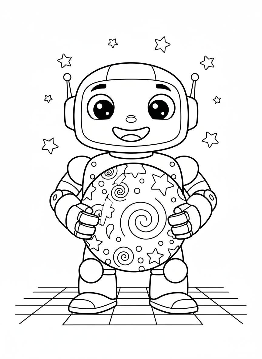Friendly Robot with Bouncy Ball Coloring Page