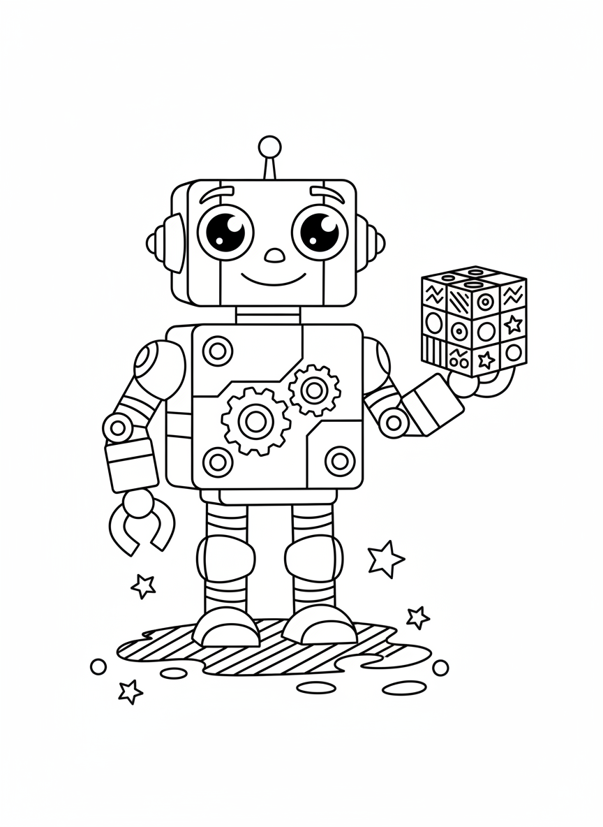 Friendly Robot with Puzzle Cube Coloring Page