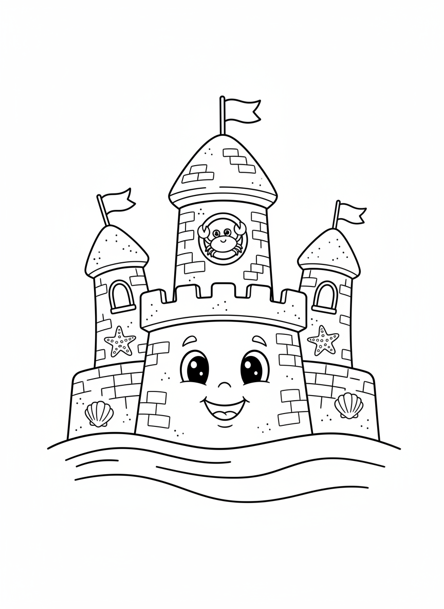 Friendly Sandcastle Fun Coloring Page for Kids