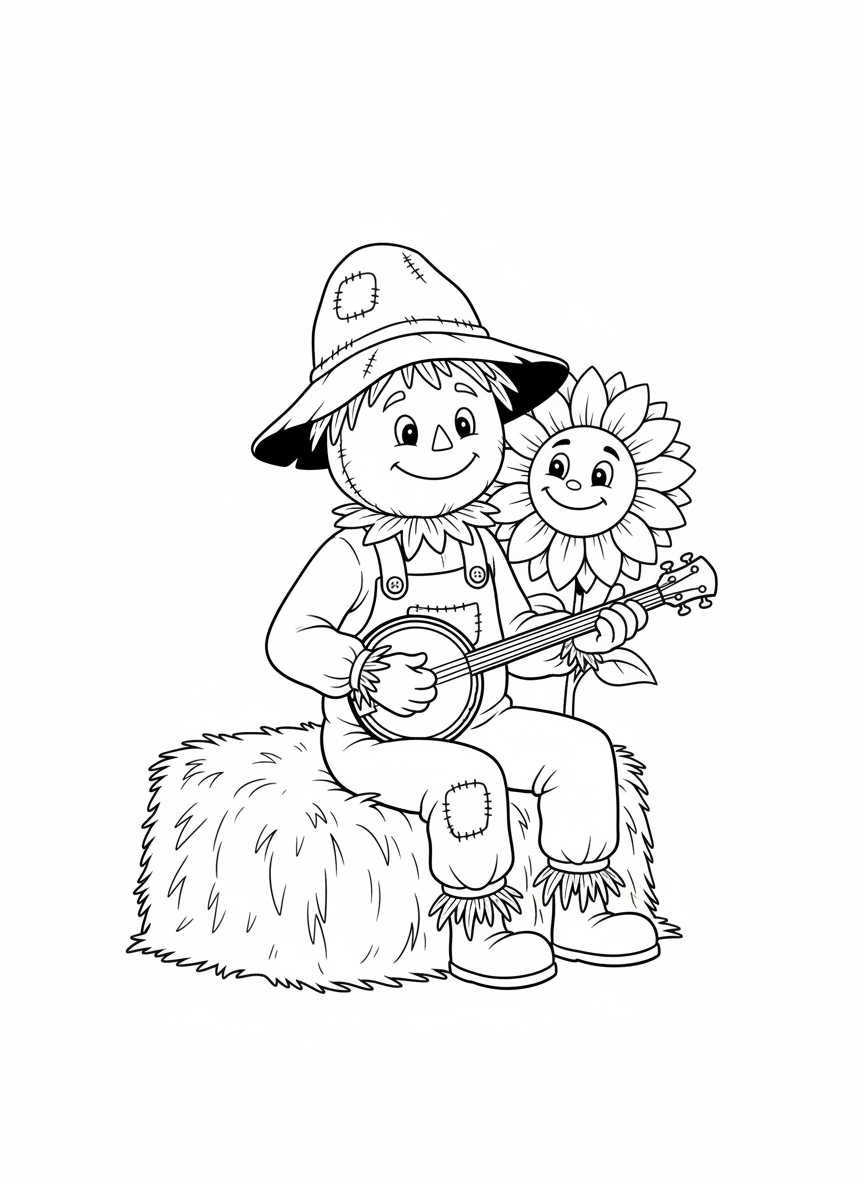 Friendly Scarecrow Banjo Player Coloring Page for Kids