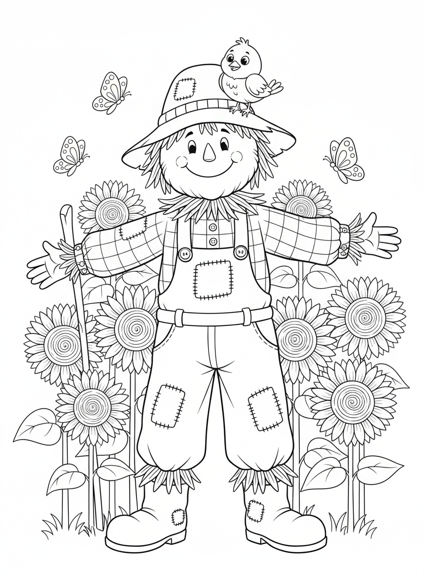 Friendly Scarecrow in Sunflower Field Coloring Page