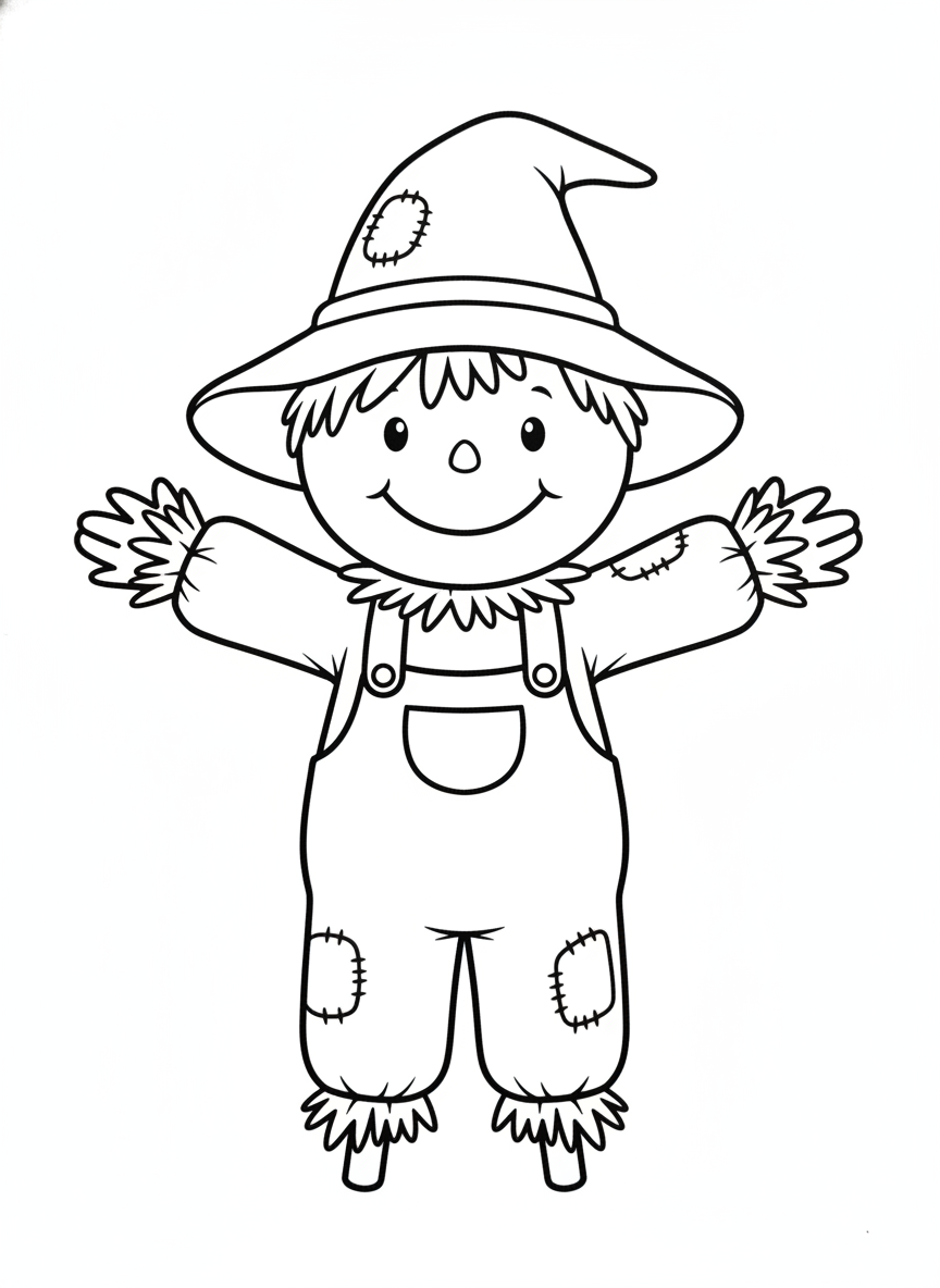 Friendly Scarecrow Kids Coloring Page - Easy & Cute Farm Fun
