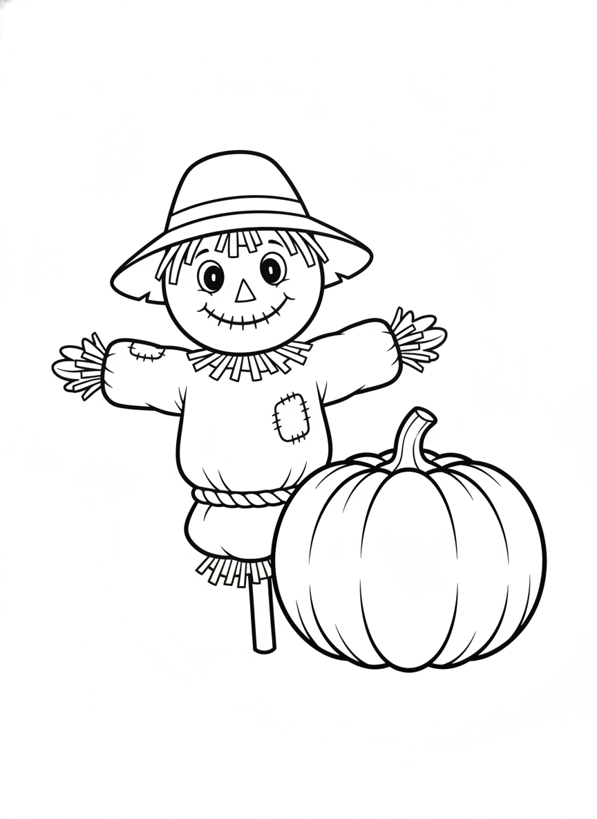 Friendly Scarecrow & Pumpkin Kids Coloring Page