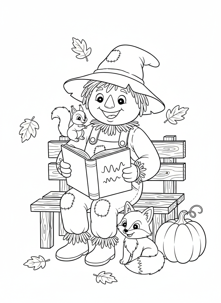 Friendly Scarecrow Reading Coloring Page for Kids