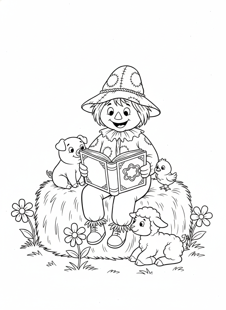 Friendly Scarecrow Reads to Farm Animals Coloring Page