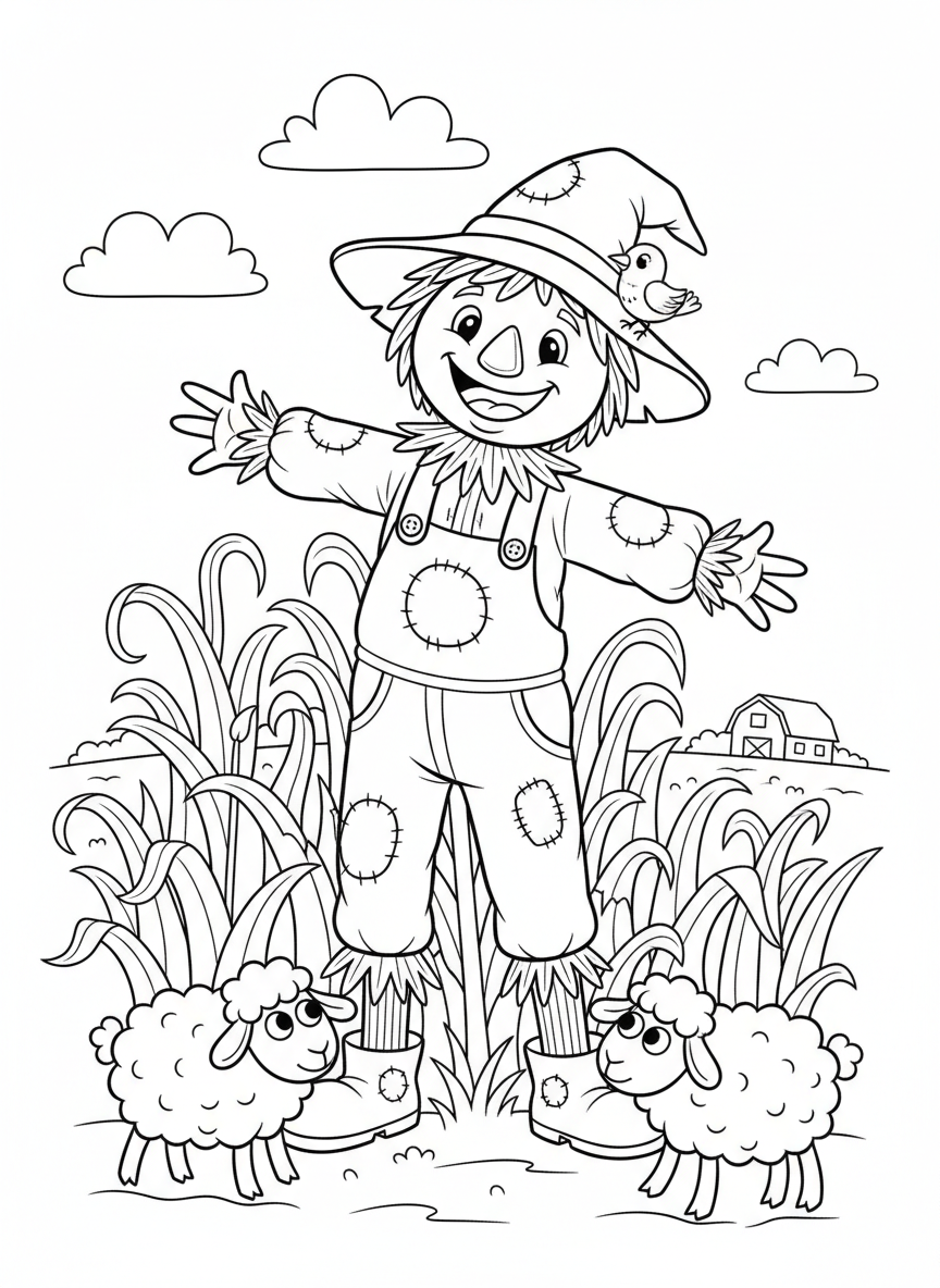 Friendly Scarecrow & Sheep in Cornfield