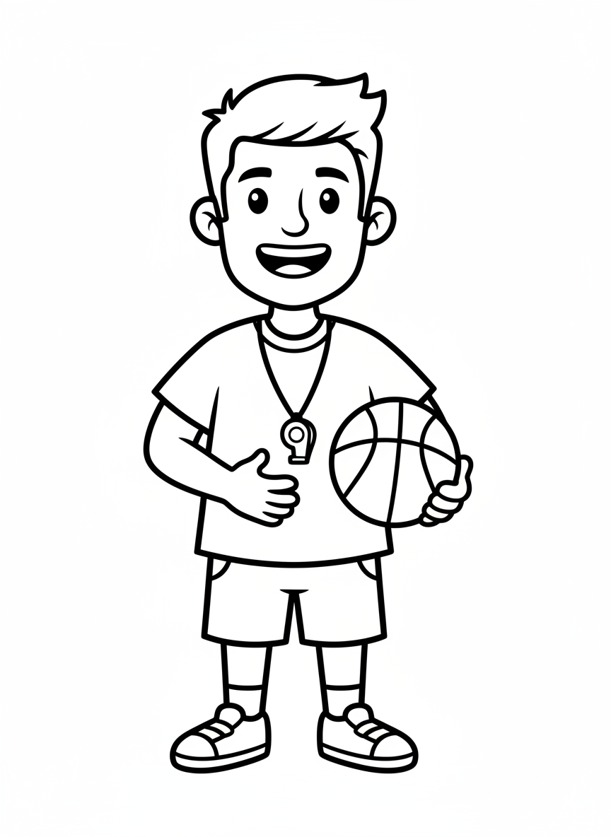 Friendly Sports Teacher with Basketball Coloring Page for Kids
