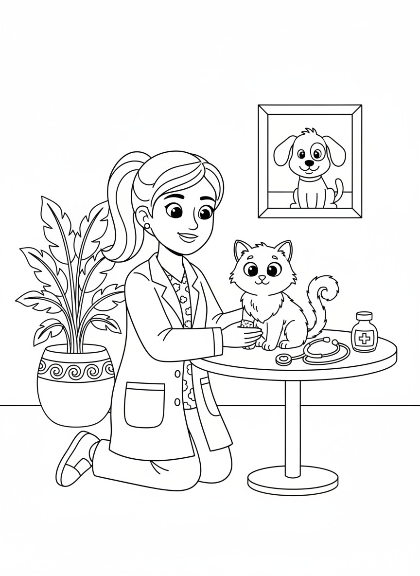 Friendly Vet Cares for Cat Coloring Page