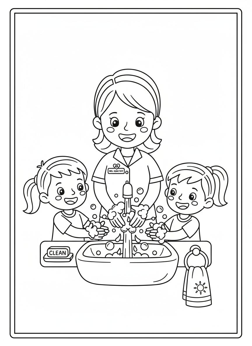 Fun Handwashing Lesson: Teacher & Kids Coloring Page