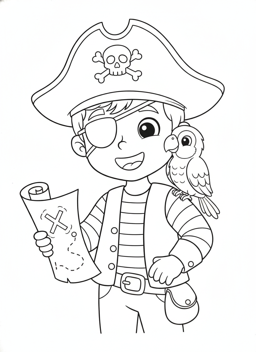 Fun Pirate Child Coloring Page with Parrot and Treasure Map for Kids