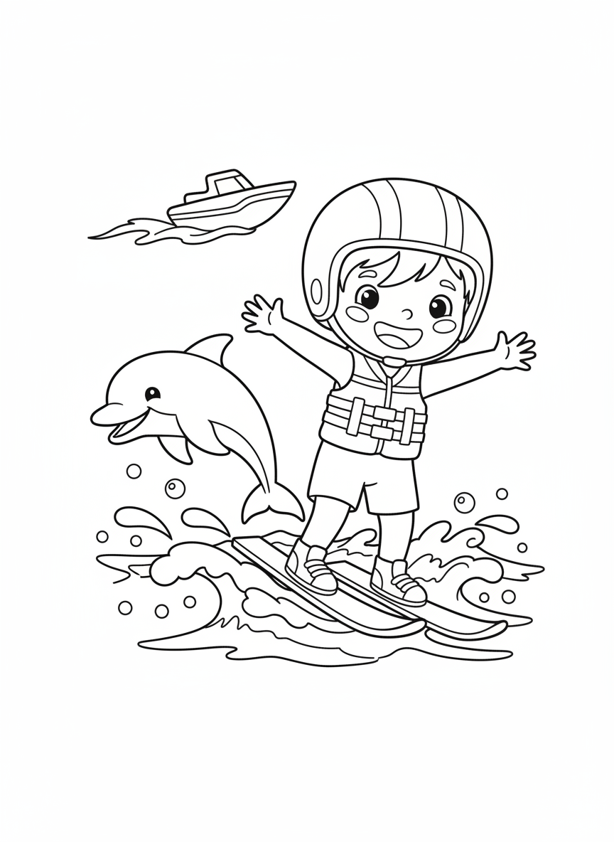 Fun Water Skiing Kid & Dolphin Coloring Page