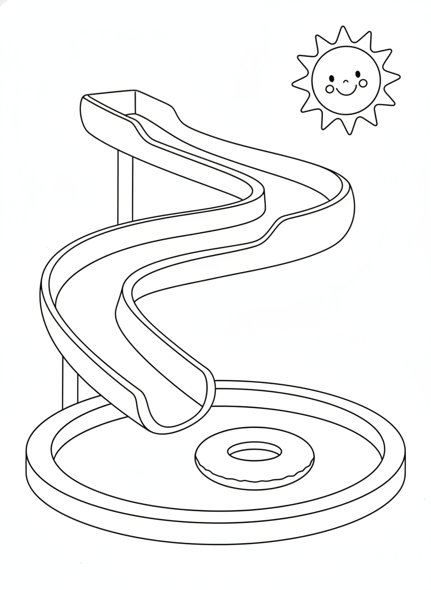 Fun Water Slide & Pool Coloring Page for Kids with Happy Sun