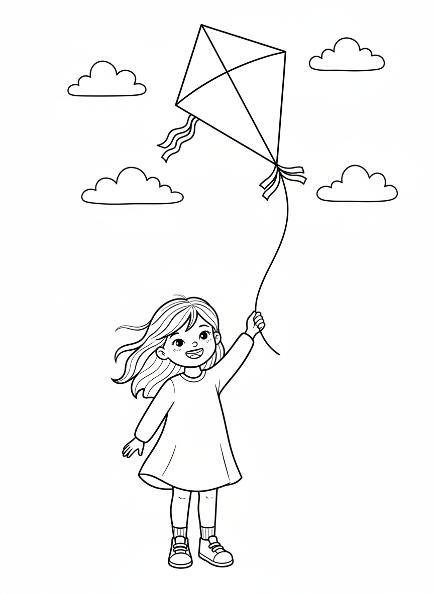 Girl Flying a Bright Kite Coloring Page